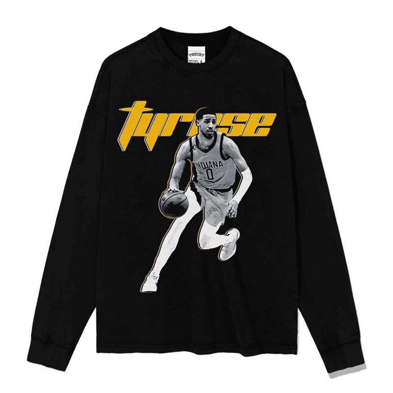INDIANA 0 Basketball Print Black Long Sleeve Tee Streetwear