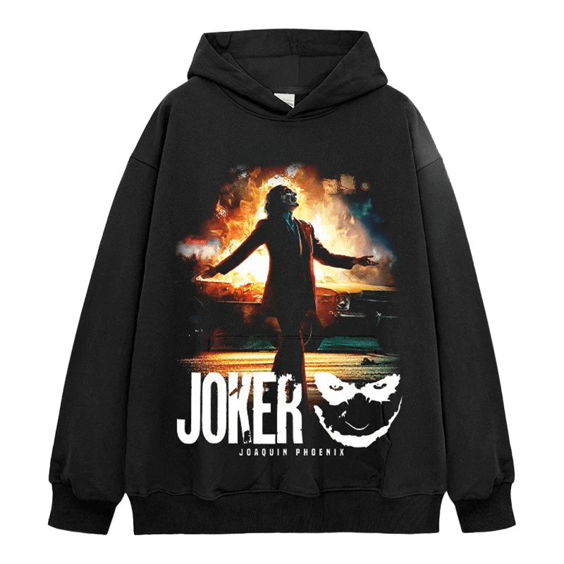 Joker Movie Hoodie, Black Flame Print Unisex Streetwear