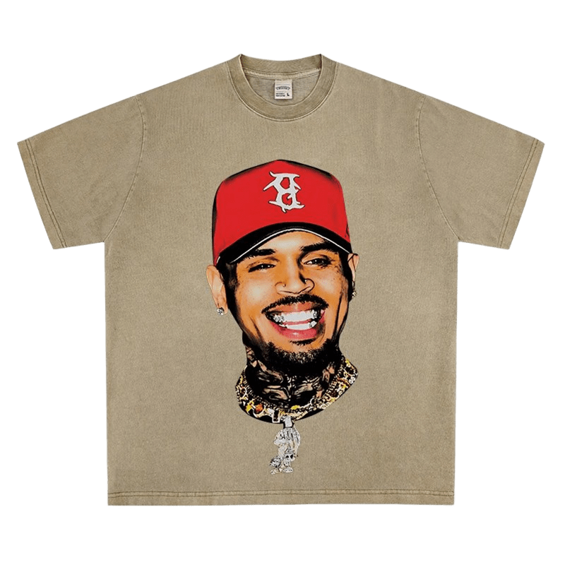 Khaki Loose T-Shirt, Cotton Streetwear Tee with Portrait Print