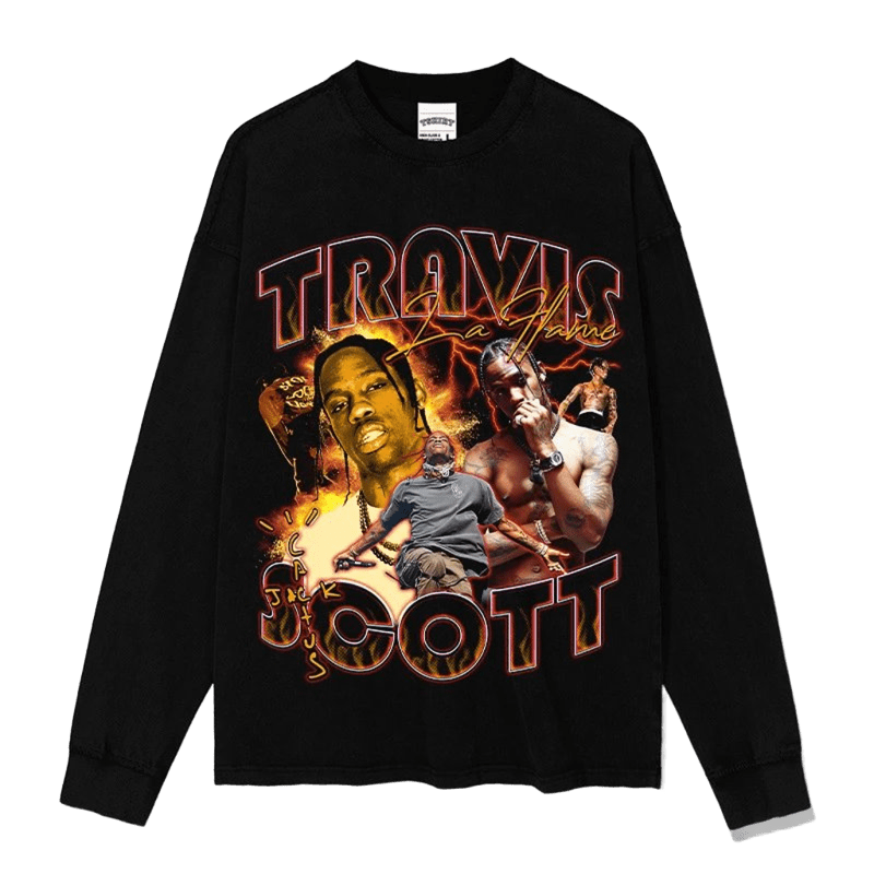 La Flame Travis Scott Black Flame Print Long Sleeve Tee, Unisex Cotton Streetwear