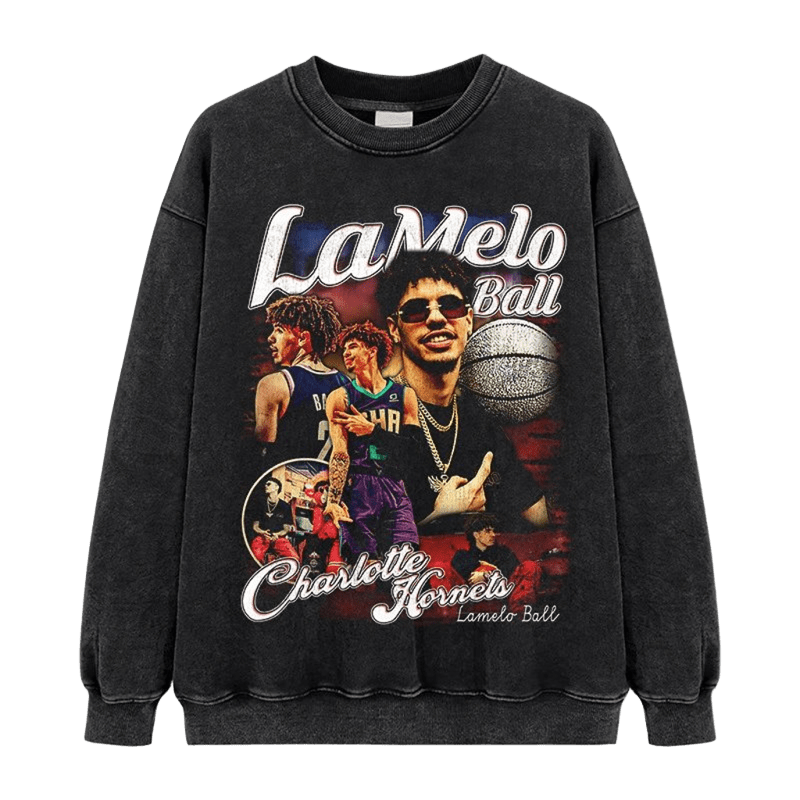 LaMelo Ball Washed Black Crewneck Sweatshirt - Unisex Retro Street Style