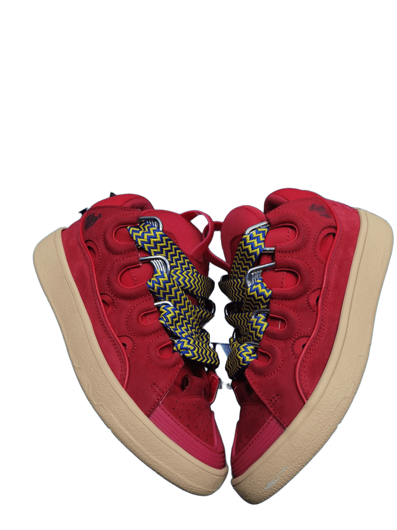 Lanvin Red Suede Sneakers Yellow Blue Woven Silver Buckle