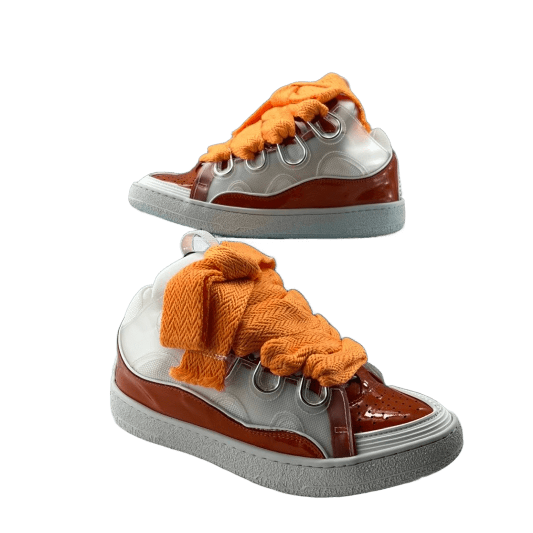 Lanvin White Brown Patent Leather High-Top Sneakers Orange Laces
