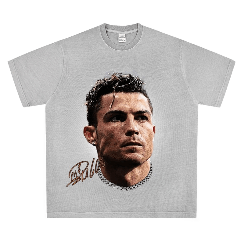 Light Gray Cotton Street Style T-Shirt with Portrait Print