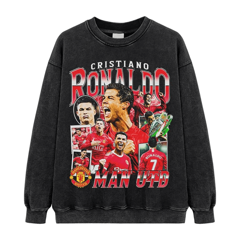 Man Utd CR7 Retro Washed Black Crewneck Sweatshirt Unisex