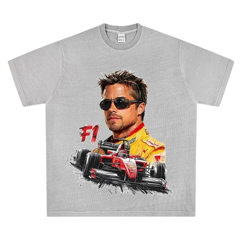 Men's Grey F1 Print Cotton Tee - Unisex Streetwear Top