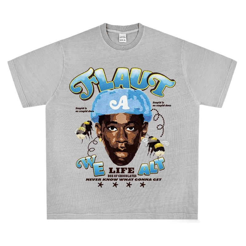 Men's Loose Cotton Tee with Flaut Print & Bee Design