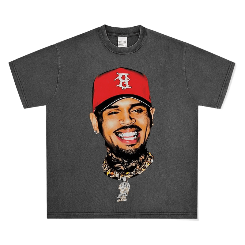 Men's Water-Washed Grey Cotton Tee - Red Cap Graphic Streetwear