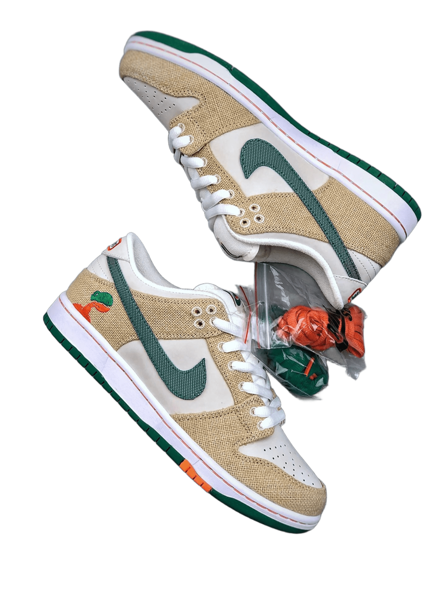 Nike Dunk Low Beige Canvas White Leather Green Swoosh Duck Embroidery