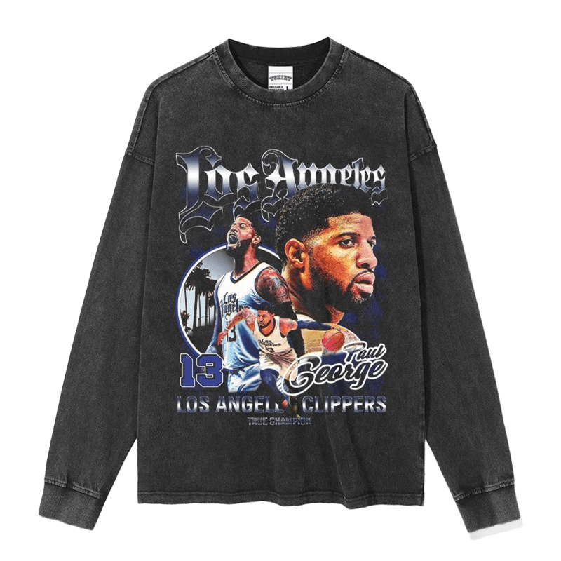 Paul George Retro Clippers Cotton Tee - Unisex Washed Black Long Sleeve