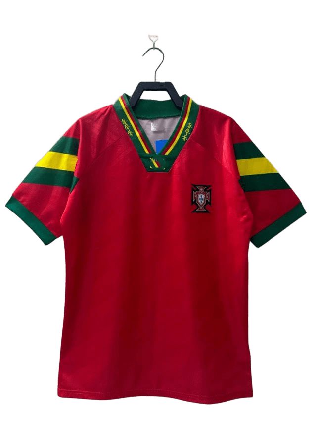 Portugal Retro Soccer Jersey Red Green Stripes Short Sleeves