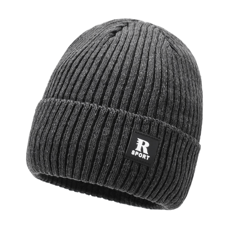 R Sport Knit Beanie - Winter Unisex Gray Hat with Leather Patch