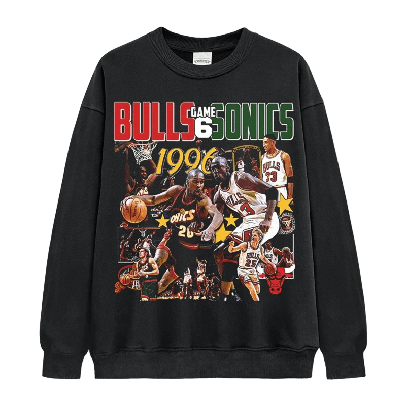 Retro 1996 Bulls vs Sonics Print Basketball Crewneck Sweatshirt