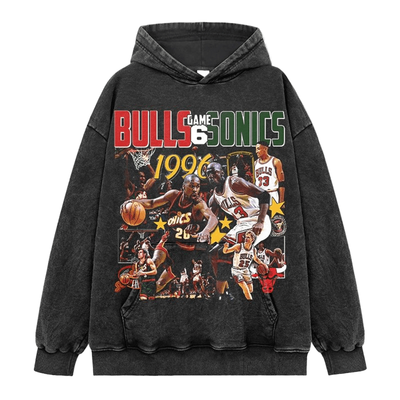 Retro 90s NBA Distressed Hoodie: Bulls vs Sonics