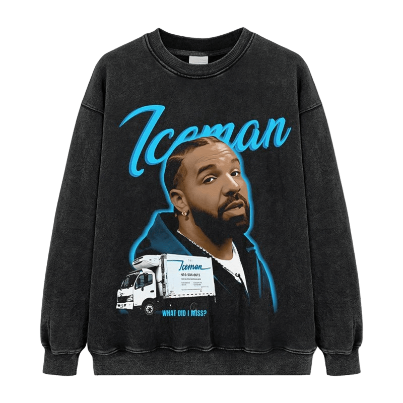 Retro Washed Black Gray Crewneck Sweatshirt with Iceman Graphic