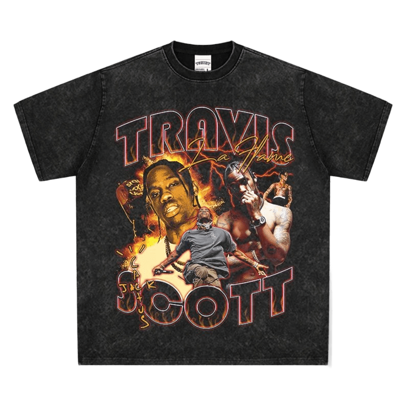 Retro Washed Cotton Tee - Unisex Flame Print Streetwear