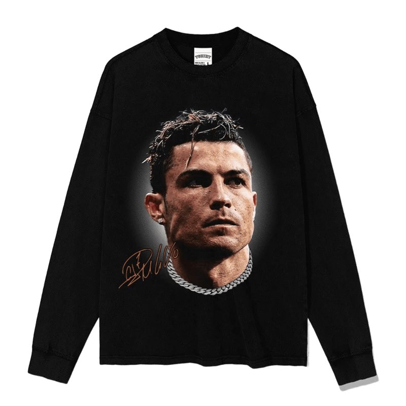 Ronaldo Black Cotton Long Sleeve T-Shirt Gold Signature Street Style