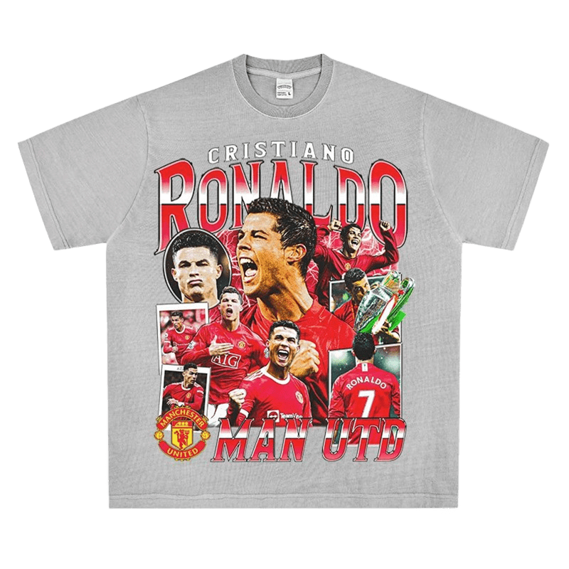 Ronaldo Man Utd T-Shirt: Grey Cotton Jersey, Collage Print