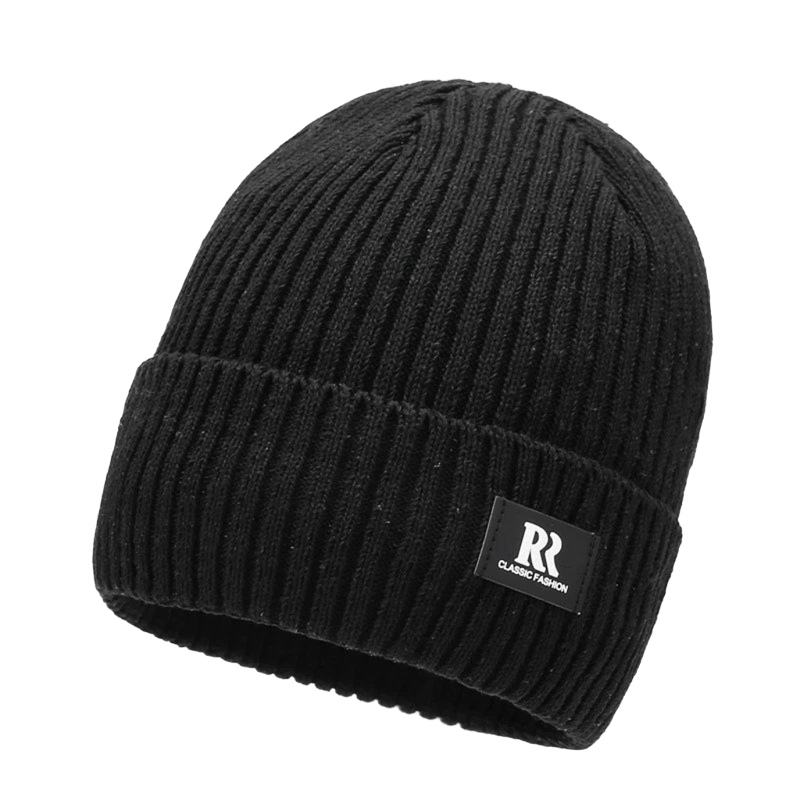 RR Classic Black Knit Beanie - Unisex Ribbed Winter Hat