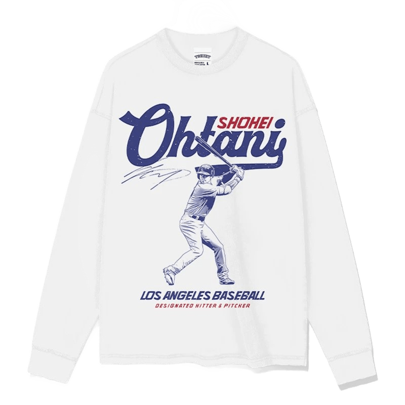Shohei Ohtani Baseball Print White Long Sleeve Cotton Tee