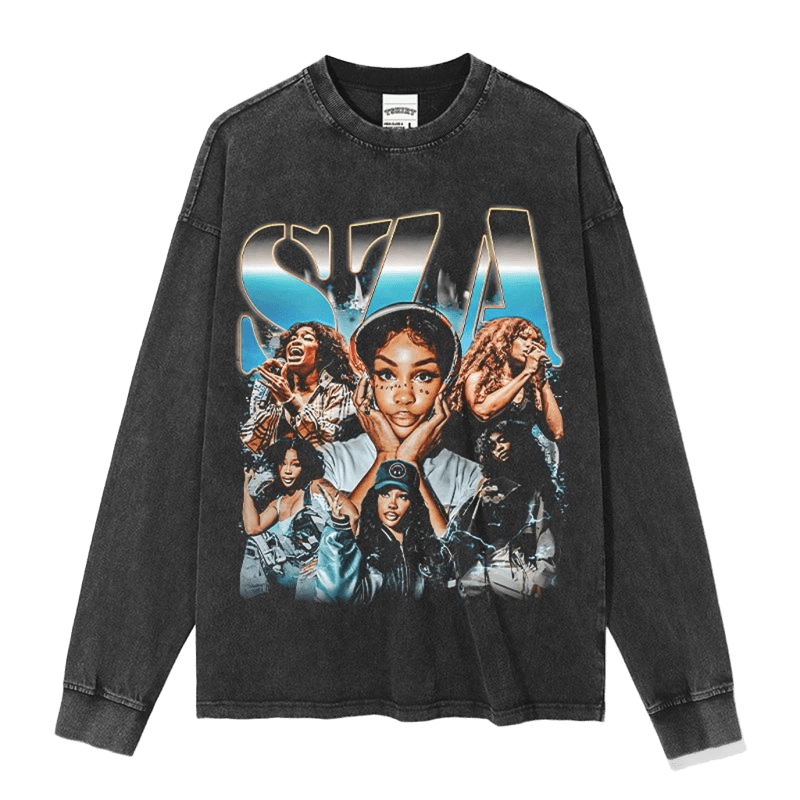 SZA Vintage Black Loose-Fit Long Sleeve Tee, Unisex Streetwear
