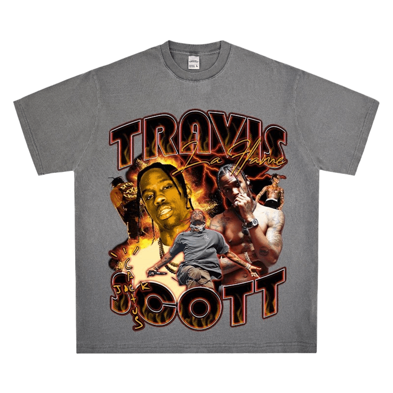 Travis Scott Flame Cotton Tee - Vintage Washed Gray Streetwear