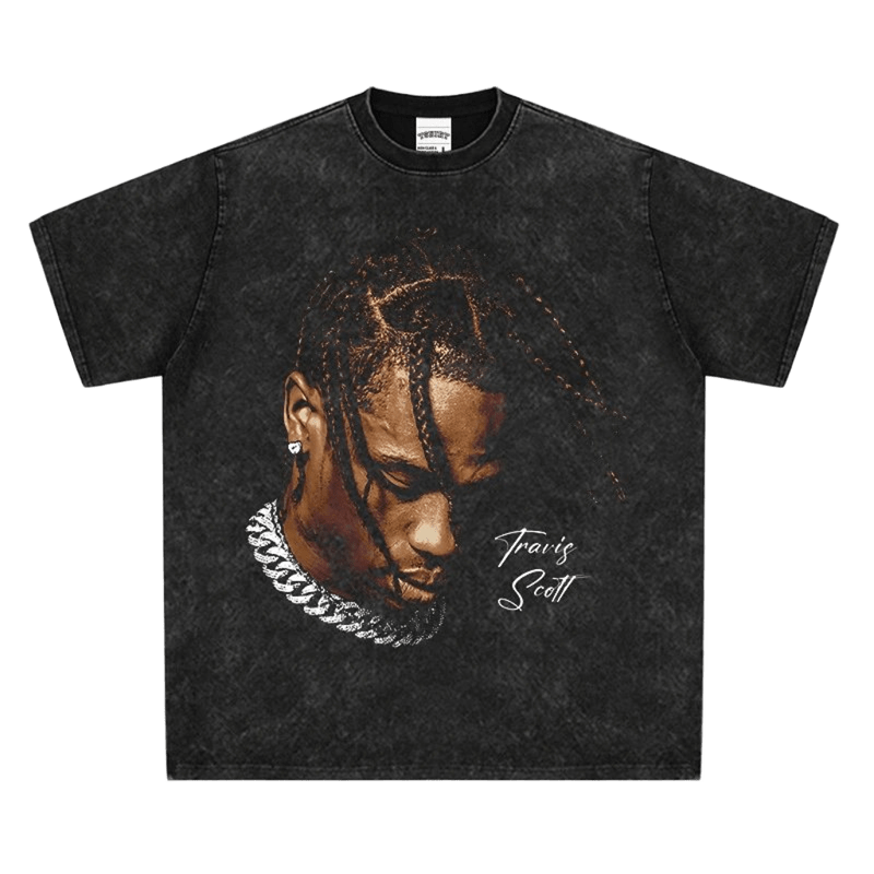 Travis Scott Graphic Tee: Washed Black Oversized Cotton Streetwear
