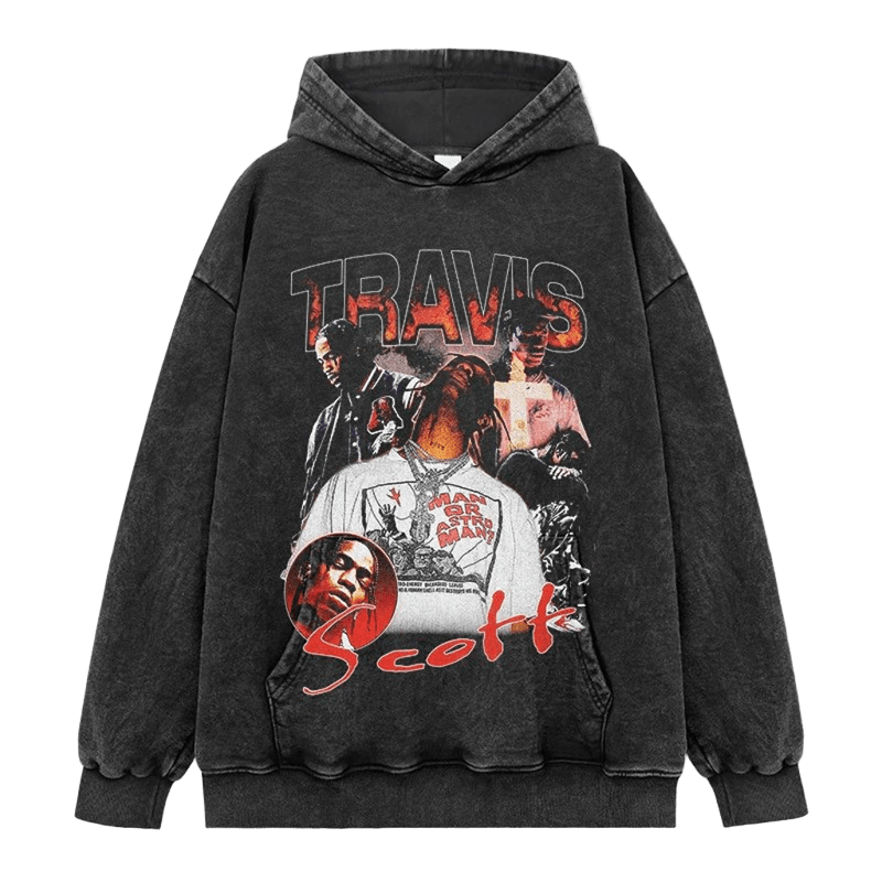 Travis Scott Hoodie Vintage Washed Black Cotton Streetwear