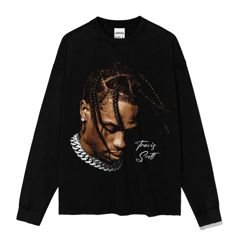 Travis Scott Print Cotton Tee, Unisex Streetwear with Silver Chain