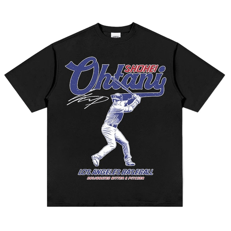 Unisex Black Cotton Tee: Red-Blue Ohtani Swing Street Style