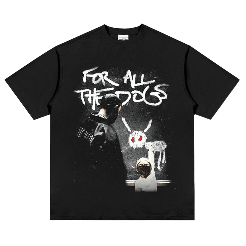 Unisex Black Graffiti T-Shirt Rabbit Skeleton Streetwear