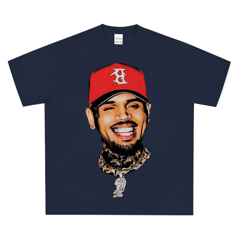 Unisex Deep Blue Cotton Tee - Breathable Streetwear with Red Cap Print