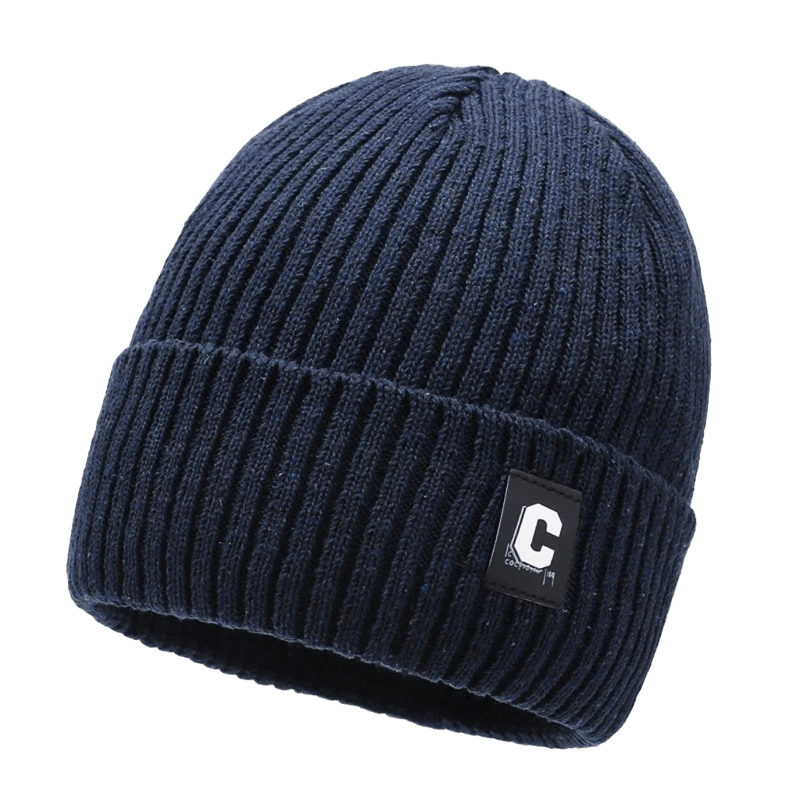 Unisex Deep Navy Rib-Knit Beanie with Leather Logo Patch