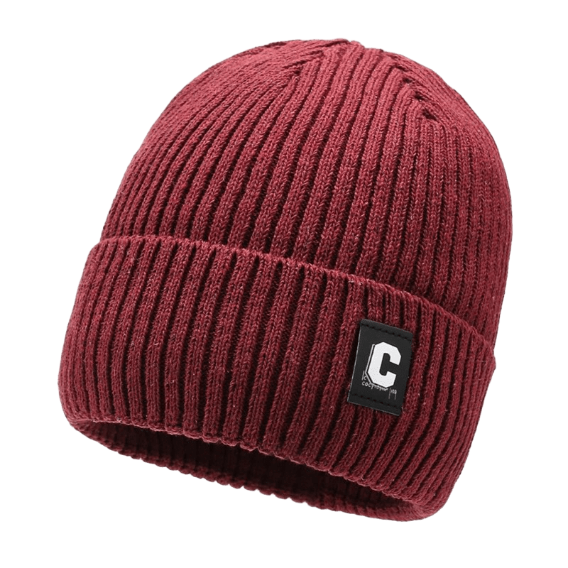 Unisex Deep Red Knit Beanie, Soft Yarn, Leather 