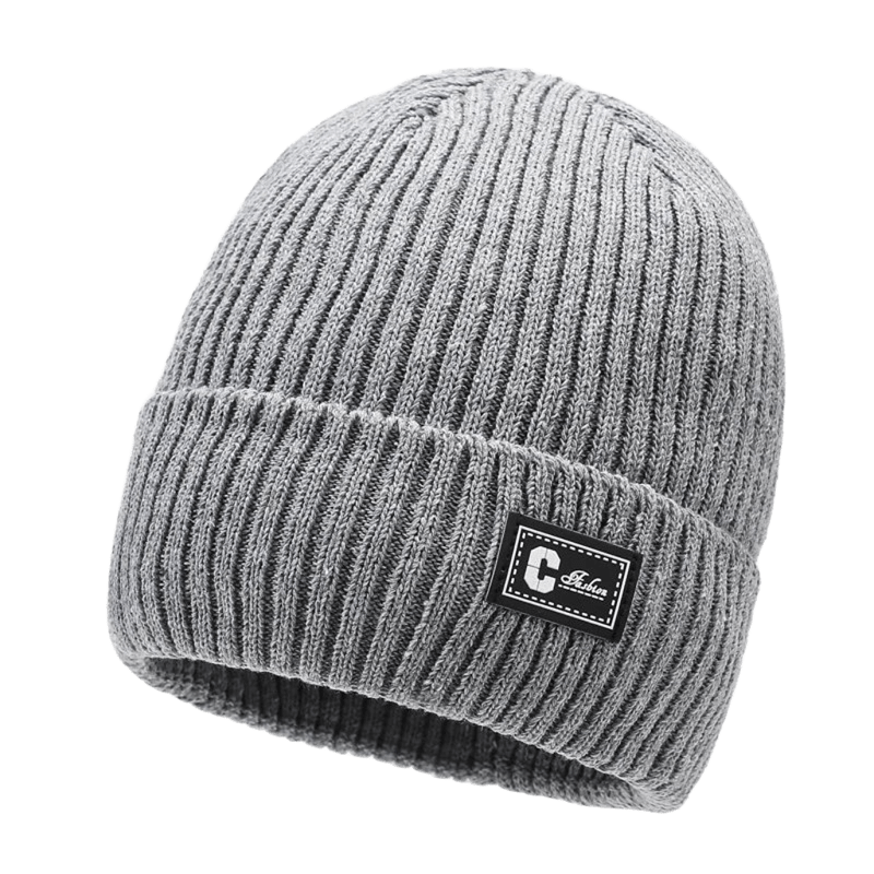 Unisex Gray Striped Knit Beanie with Leather 'C' Logo