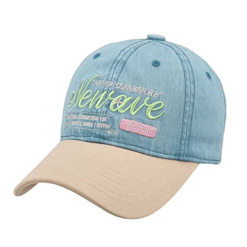 Unisex Light Blue Denim Baseball Cap with Beige Panels & Embroidery