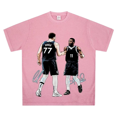 Unisex Pink Basketball Tee: 77 DONCIC & No.11 High-Five Print