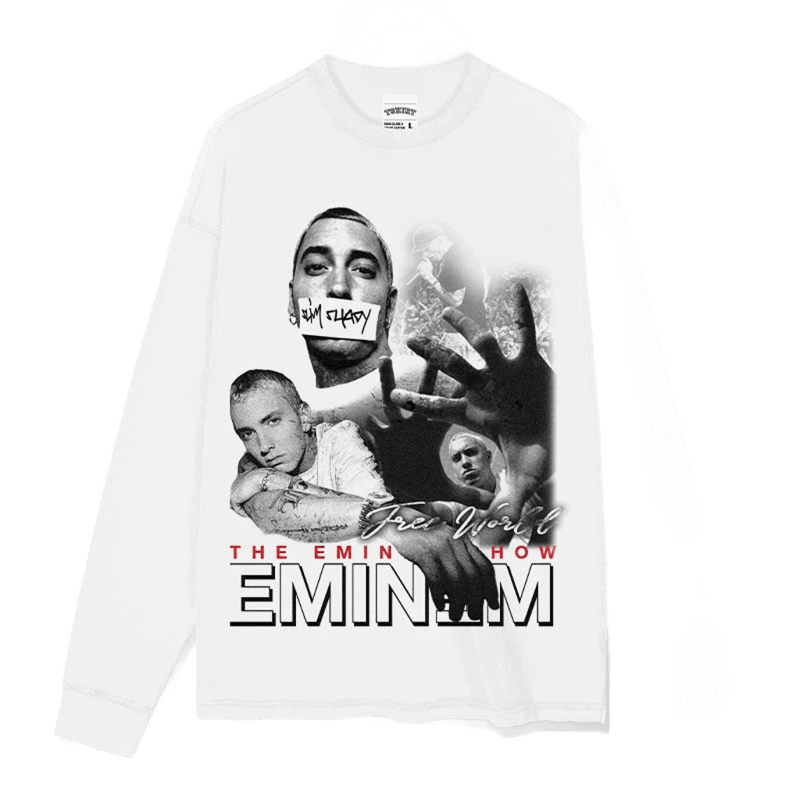 Unisex White Eminem Print Long Sleeve Cotton T-Shirt