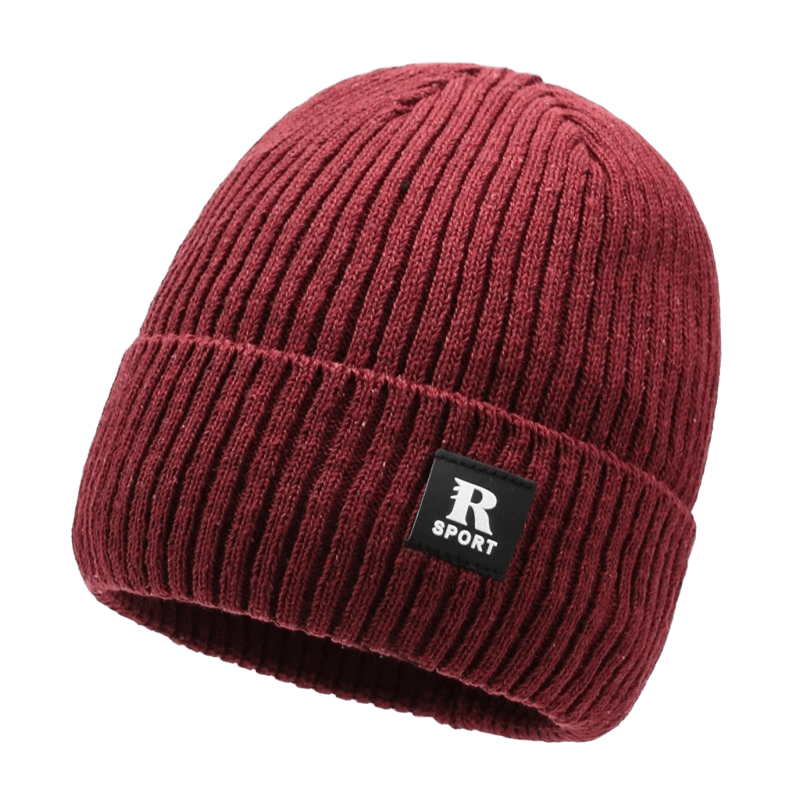 Unisex Wine Red Knit Beanie - Soft Ribbed, Leather Patch