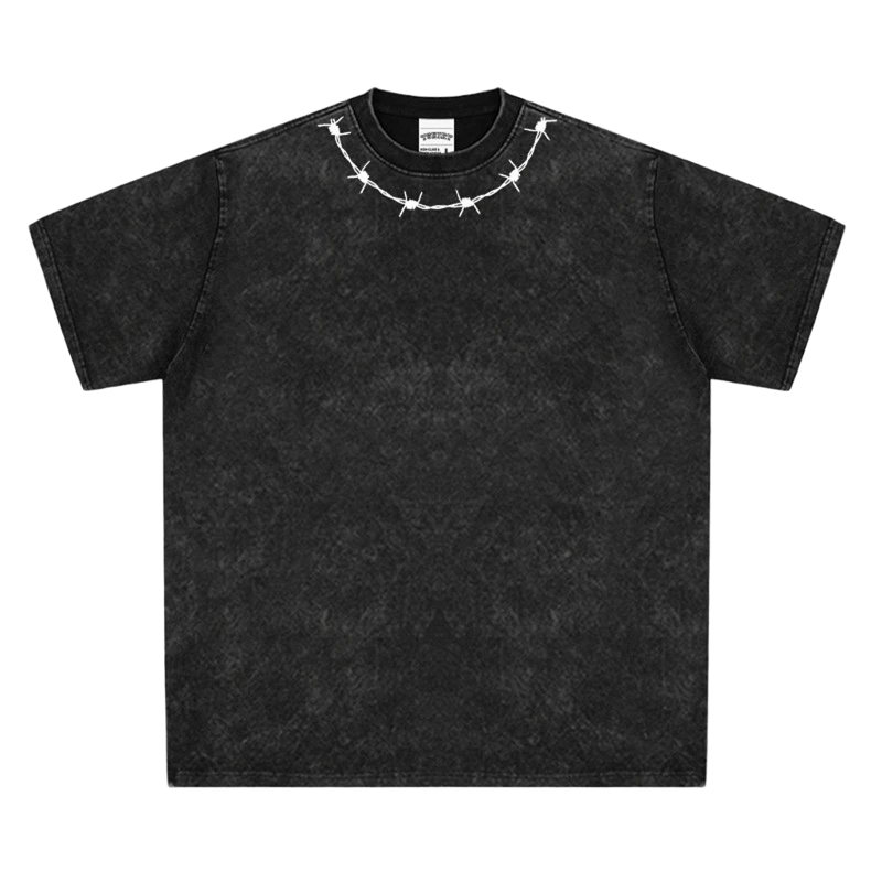 Vintage Black Cotton Tee - Barbed Wire Collar Print