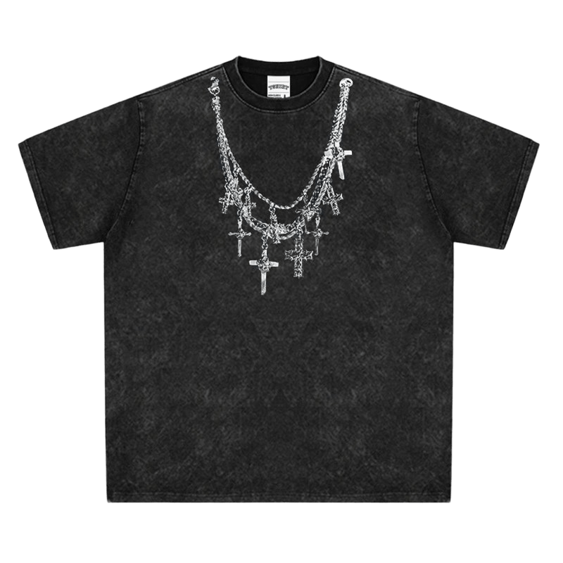 Vintage Black Cotton Tee, Silver Cross Chain Print, Unisex Streetwear