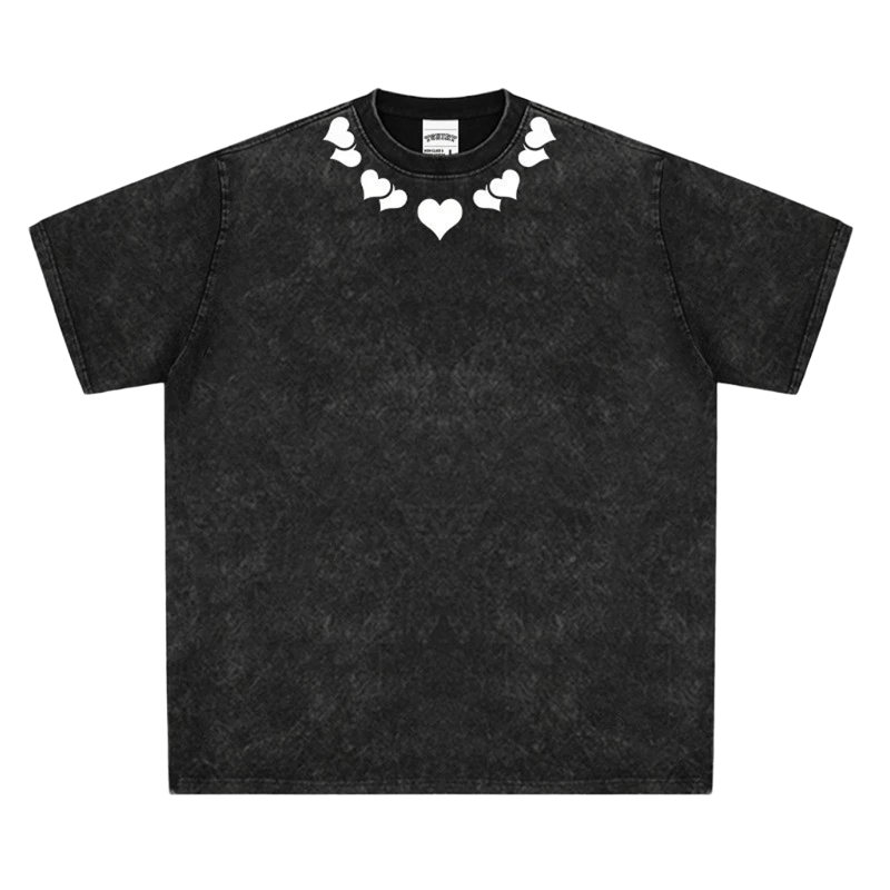 Vintage Black Cotton Tee with Heart Collar - Unisex Streetwear