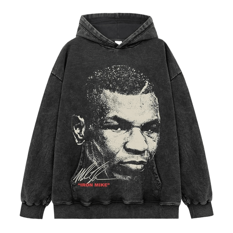 Vintage Black Hoodie IRON MIKE Cotton Graphic Print Streetwear