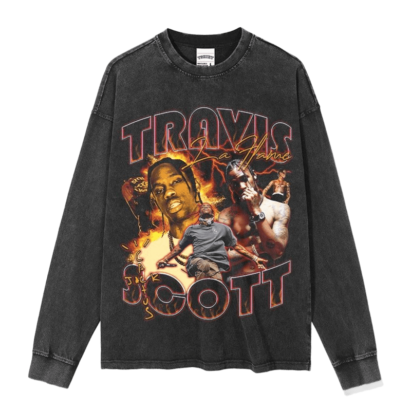 Vintage Black Washed Cotton Tee, Flame Graphic Streetwear Unisex Top