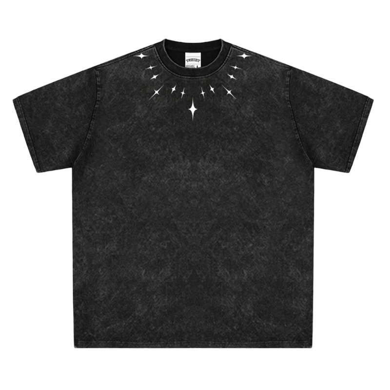 Vintage Black Washed Tee with Star Print Collar, Unisex