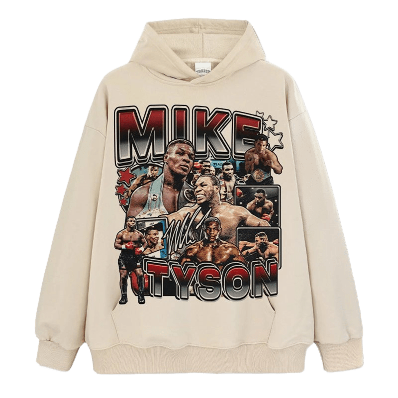Vintage Cotton Hoodie Cream Unisex Mike Tyson Star Print