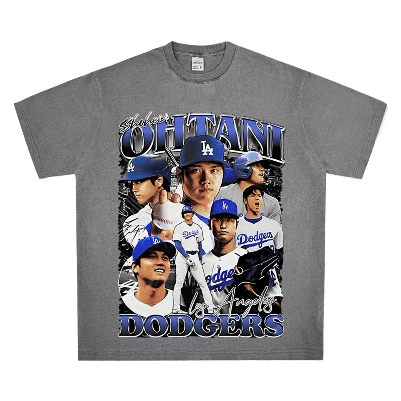 Vintage Gray Baseball Tee with Ohtani & Dodgers Print
