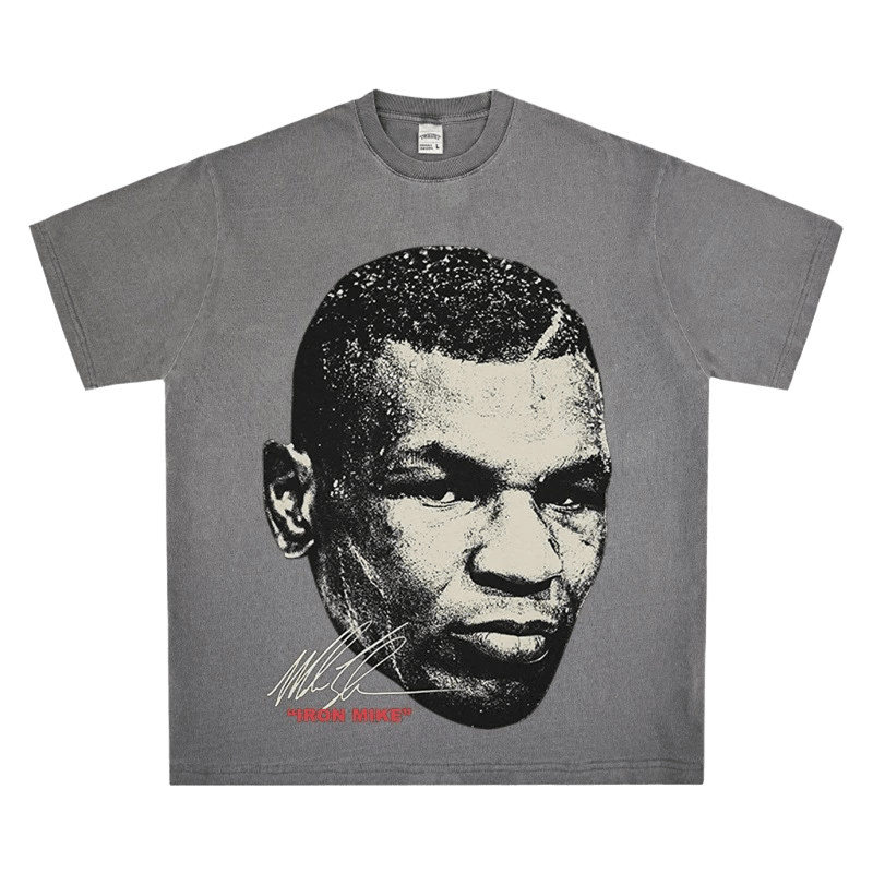 Vintage Gray Cotton Tee: Loose Fit, IRON MIKE Graphic