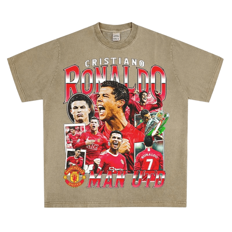 Vintage Khaki Cotton Tee: Ronaldo & Crest Print, Unisex