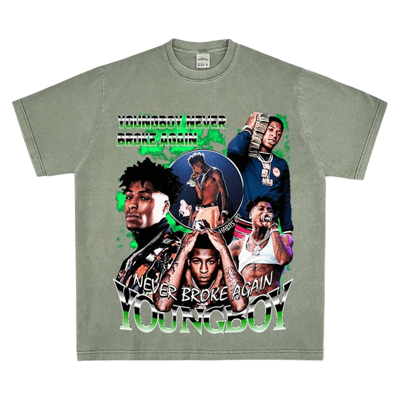 Vintage Olive Cotton Tee - Portrait & Letter Print, Unisex Streetwear